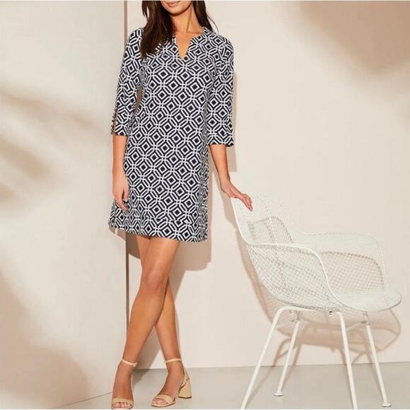 Jude Connally Megan Dress Size M Cobalt Blue Star Lattice 3/4 Sleeve Nautical - Picture 5 of 13